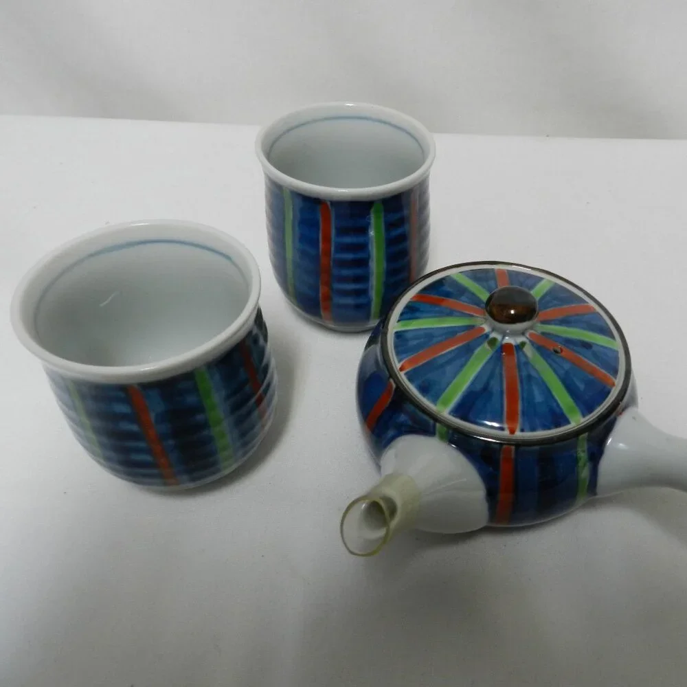 Japanese Kyusu Teapot w/ 2 Cups ceramic Japan striped blue green red white NEW